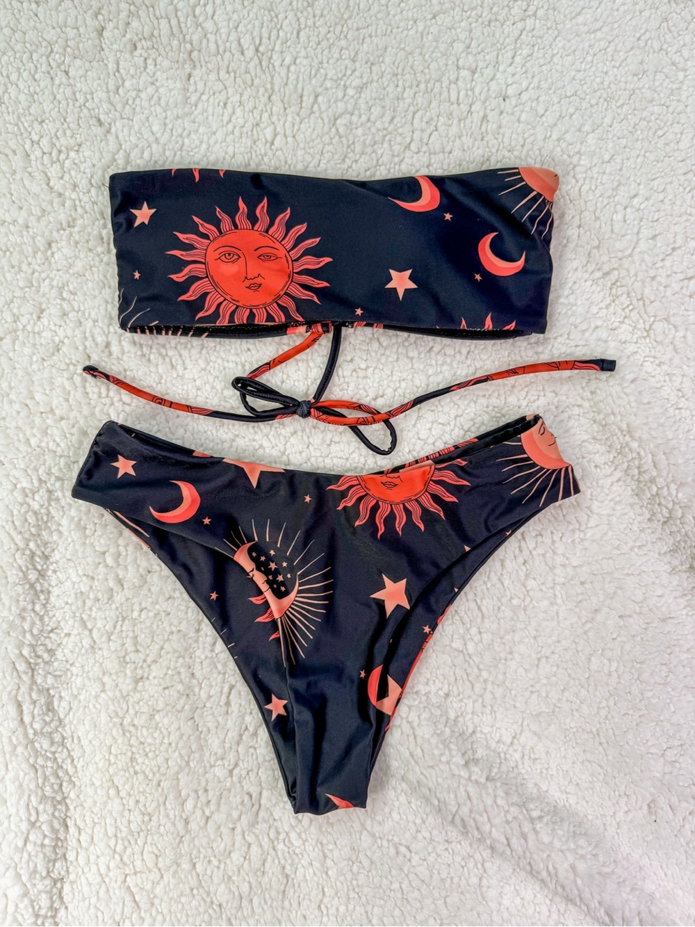 Zaful Celestial Sun Moon Bikini Set Black Orange Bandeau Size S